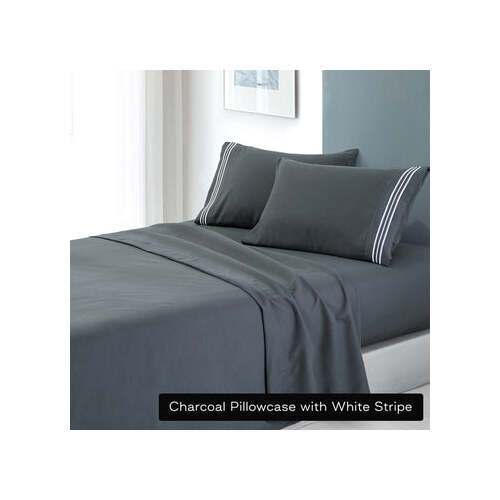 soft microfibre embroidered stripe sheet set king charcoal pillowcase white stripe - Main Image