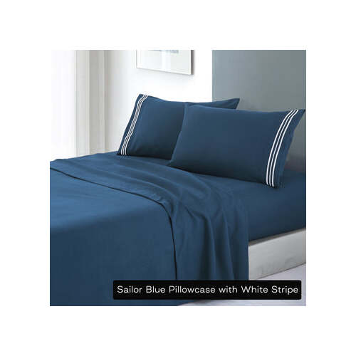 soft microfibre embroidered stripe sheet set king single sailor blue pillowcase white stripe - Main Image