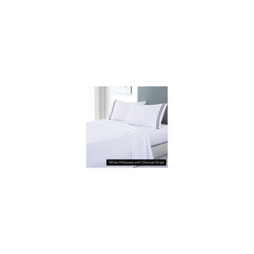 soft microfibre embroidered stripe sheet set king single white pillowcase charcoal stripe - Main Image