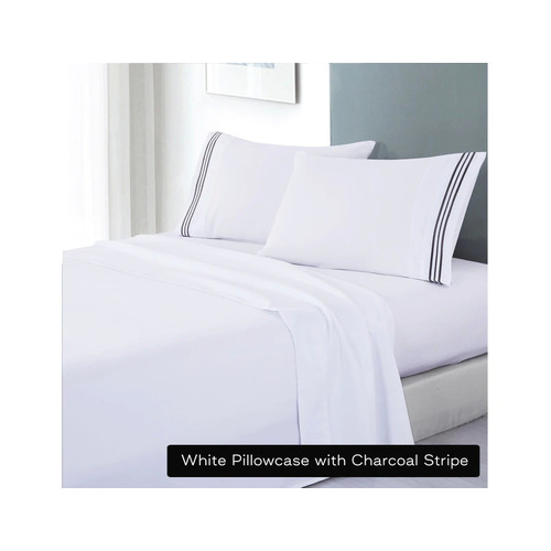 soft microfibre embroidered stripe sheet set queen white pillowcase charcoal stripe - Main Image