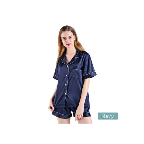 2pc satin short women pajamas set medium navy - Main Image