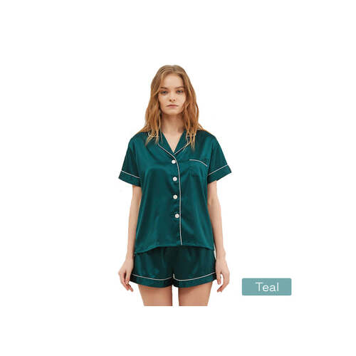 2pc satin short women pajamas set medium teal - Main Image