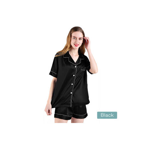 2pc satin short women pajamas set small black - Main Image