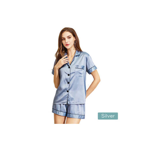 2pc satin short women pajamas set small dusty blue - Main Image