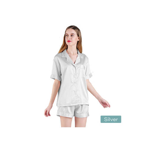 2pc satin short women pajamas set small silver - Main Image