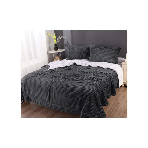 stripe flannel sherpa blanket king charcoal - Main Image