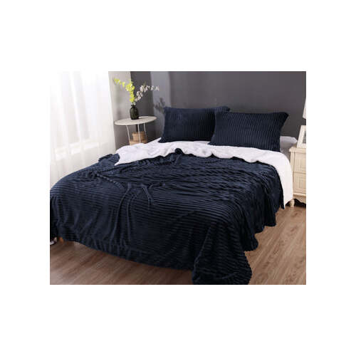 stripe flannel sherpa blanket king navy - Main Image