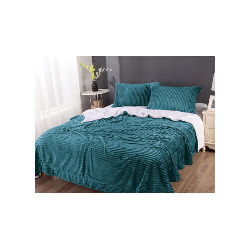 stripe flannel sherpa blanket queen teal - Main Image
