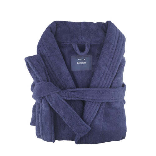 small medium egyptian cotton terry toweling bathrobe navy - Main Image