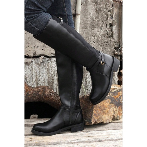Black Side Zipper Knee High Chunky Low Heel Boots - 37 EU - Main Image
