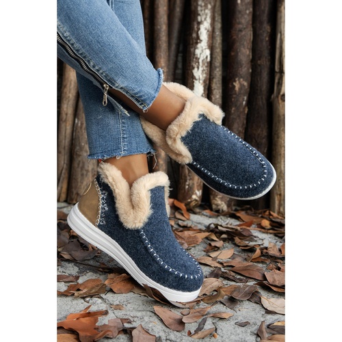 Blue Suede Stitching Patchwork Plush Lined Anklet Boots - 37 EU - Main Image