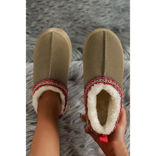 Sage Green Suede Contrast Print Round Toe Plush Lined Flats - 38 EU - Main Image