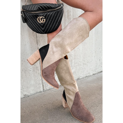 Coffee Suede Calf Length Chunky Heel Boots - 40 EU - Main Image