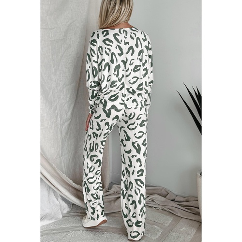 Beige Leopard Animal Print Long Sleeve and Pants Loungewear Set - L - Main Image
