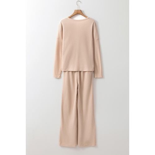 Parchment Textured Long Sleeve T Shirt and Pants Lounge Set - S - Main Image