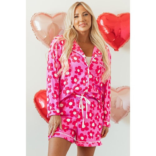 Pink Flower Print Long Sleeve Shirt Shorts Pajamas Set - L - Main Image