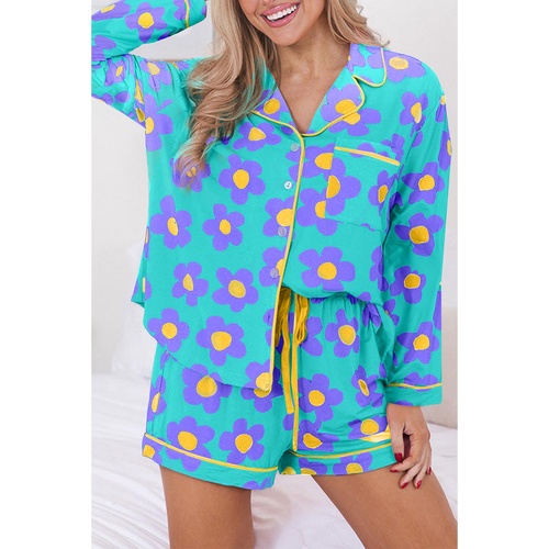Green Flower Print Long Sleeve Shirt Shorts Pajamas Set - M - Main Image