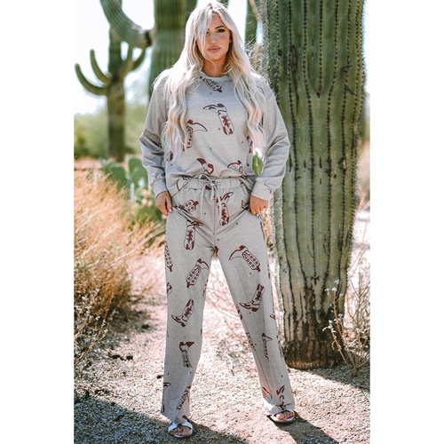 Gray Cowgirl Boots Printed Long Sleeve Top Pants Lounge Set - XL - Main Image