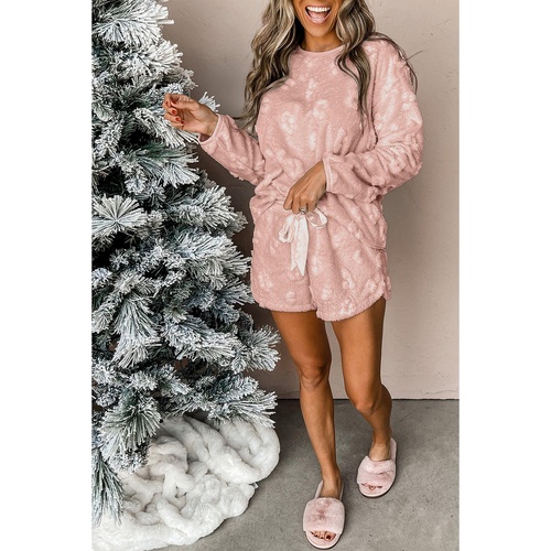 Light Pink Textured Leopard Fleece Loose Two Piece Lounge Set - L - Main Image