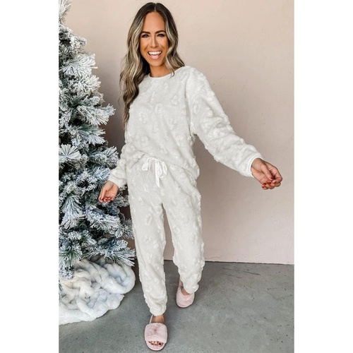 Light Grey Leopard Textured Loose Fit Fleece Lounge Set - XL - Main Image