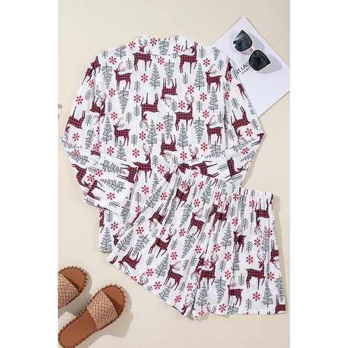 White Christmas Deer Printed Shirt and Shorts Lounge Set - S - Main Image