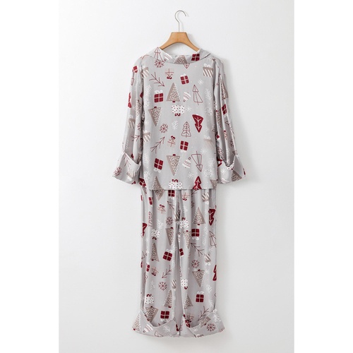 Light Grey Christmas Printed Shirt and Pants Pajama Set - M - Main Image