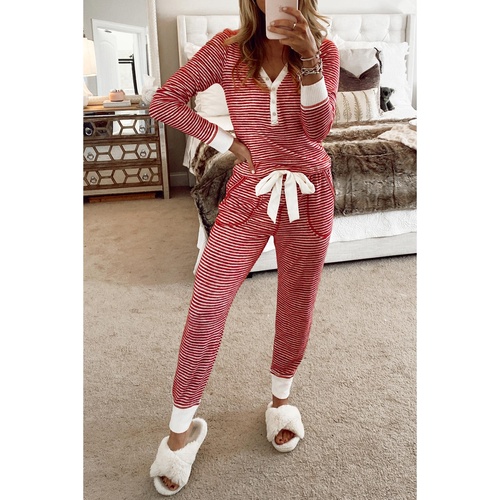 Red Stripe Buttoned V Neck Top and Knotted Waist Pants Lounge Set - M - Main Image