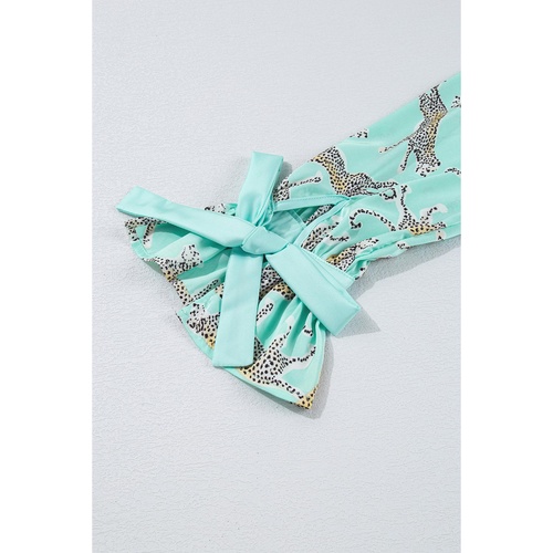 Green Leopard Satin Ruffle Pajama Short Set - L - Main Image