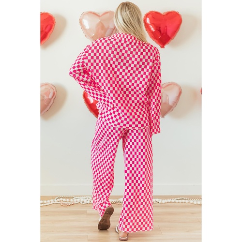Pink Checkered Buttoned Shirt and High Waist Pants Pajama Set - S - Main Image