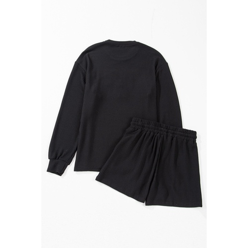 Black Corded MERRY Graphic Long Sleeve Top and Shorts Set - S - Main Image