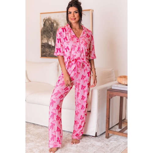Pink Bow Knot Print Lapel Collar Short Sleeve and Pants Pajamas Set - L - Main Image