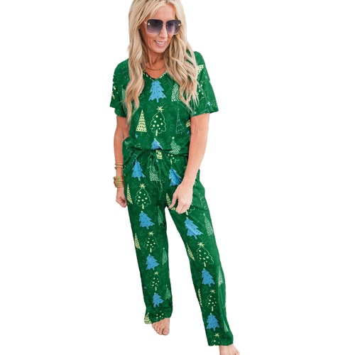 Green Christmas Tree Print V Neck Tee and Pants Lounge Set - L - Main Image