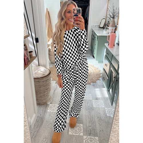 Black Checkered Print Long Sleeve Top and Pants Lounge Set - M - Main Image