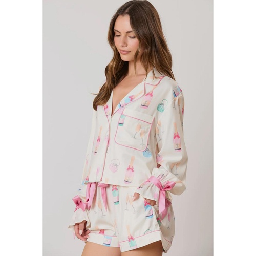 Azura Exchange White Christmas Wine Glass Print Bow Knot Two Piece Pajama Set - L - Main Image