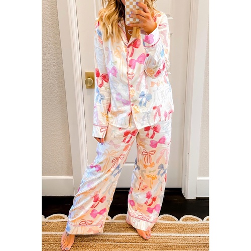 White Bow Knot Print Lapel Collar Wide Leg Satin Pajama Set - L - Main Image