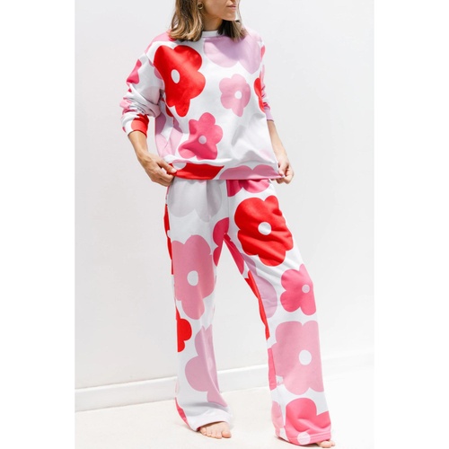 White Floral Print Pullover Top Sweatpants Lounge Set - S - Main Image