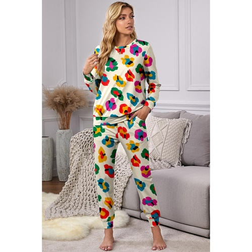 Apricot Leopard Print Long Sleeve Top and Skinny Pants Lounge Set - XL - Main Image