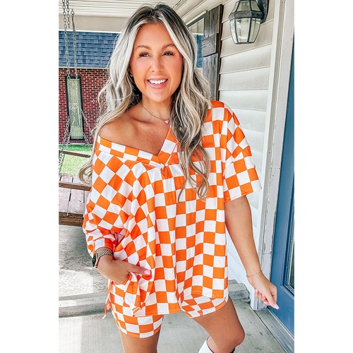 Orange Checkerboard Print V Neck Loose Tee and Shorts Lounge Set - L - Main Image