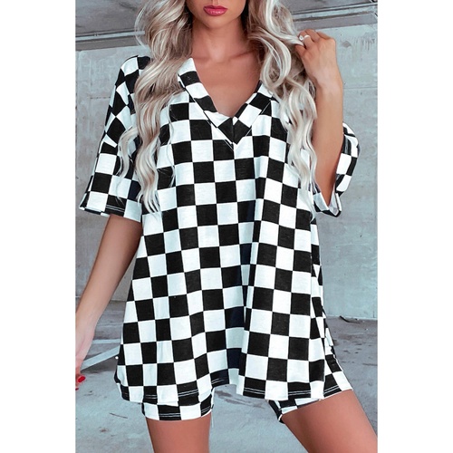 Black Checkerboard Print V Neck Loose Tee and Shorts Lounge Set - S - Main Image