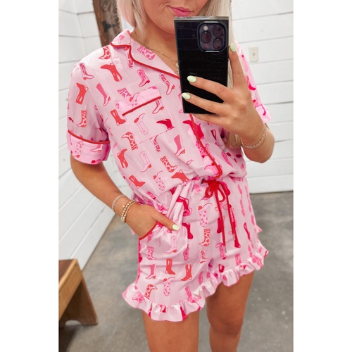 Pink Western Cowgirl Boots Printed Shirt Ruffled Shorts Pajama Set - L - Main Image