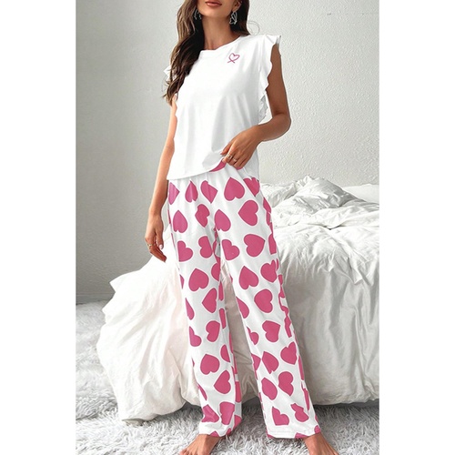 Pink Ruffled Tank Top And Heart Print Pants Lounge Set - L - Main Image