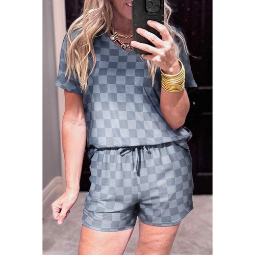 Gray Checkered V Neck Tee Drawstring Shorts Lounge Set - L - Main Image