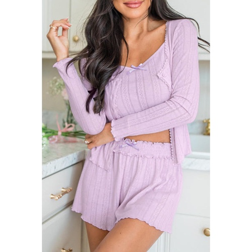 Orchid Petal Delicate Texture Cropped Cami Shorts and Cardigan 3pcs Lounge Set - L - Main Image