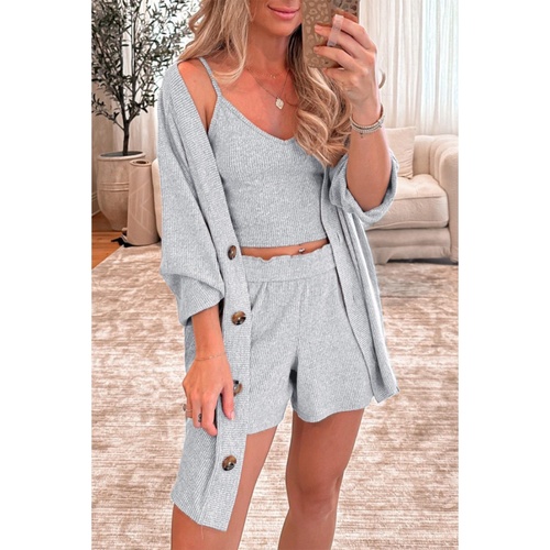 Light Grey 3 Pieces Rib Crop Camisole Matching Shorts Lounge Set with Cardigan - L - Main Image