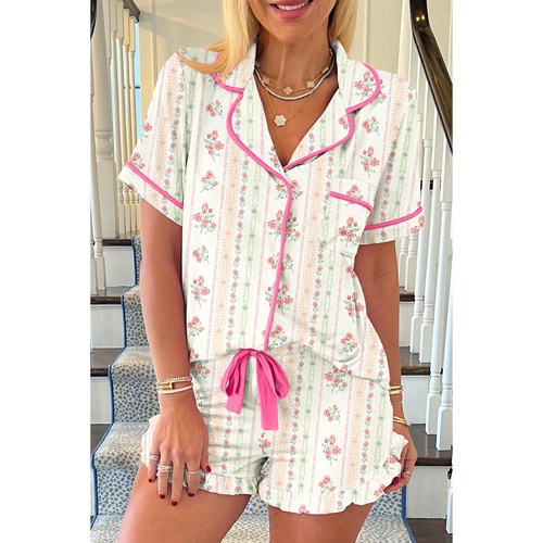Beige Floral Print Contrast Pipping Short Pajamas Set - L - Main Image