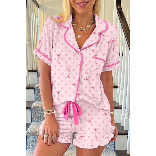 Pink Bow Print Contrast Pipping Short Pajamas Set - S - Main Image