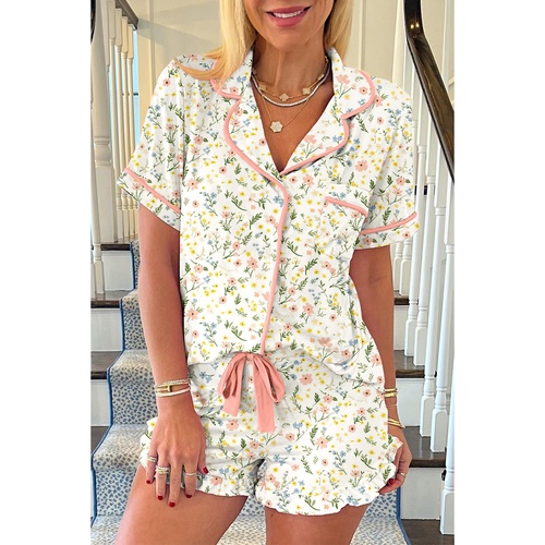 White Floral Print Contrast Pipping Short Pajamas Set - L - Main Image