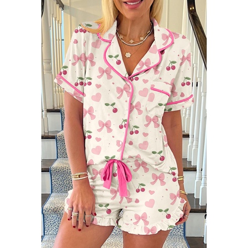 Beige Bow Fruit Print Contrast Pipping Short Pajamas Set - L - Main Image