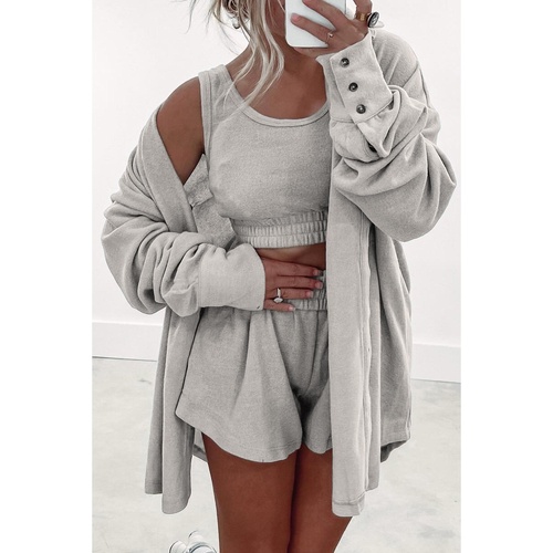 Gray 3 Pcs Crop Tank Top Shorts with Cardigan Lounge Set - M - Main Image