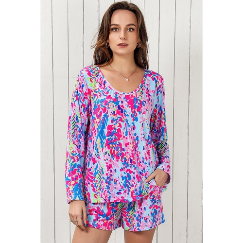 Purple Floral Long Sleeve Top and Drawstring Shorts Set - L - Main Image